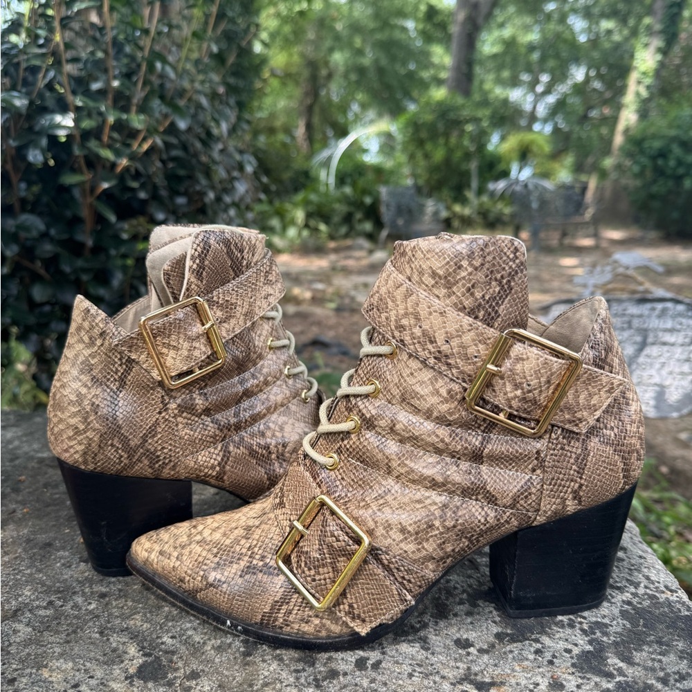 RAYE Brown Ankle Boots with Snake Skin Print